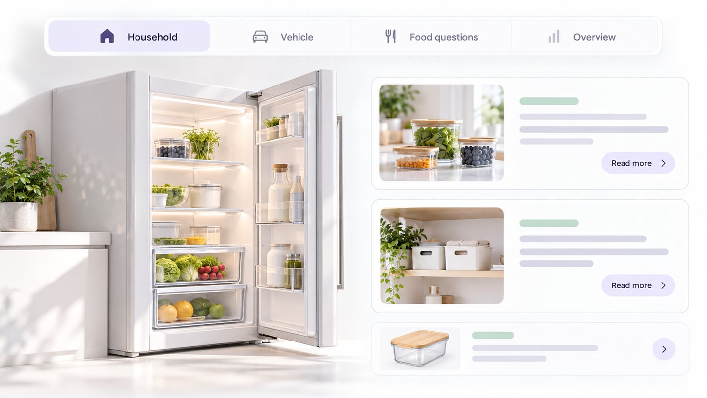 Compact illustrated topic browser with household, vehicle, food-question, and overview categories.