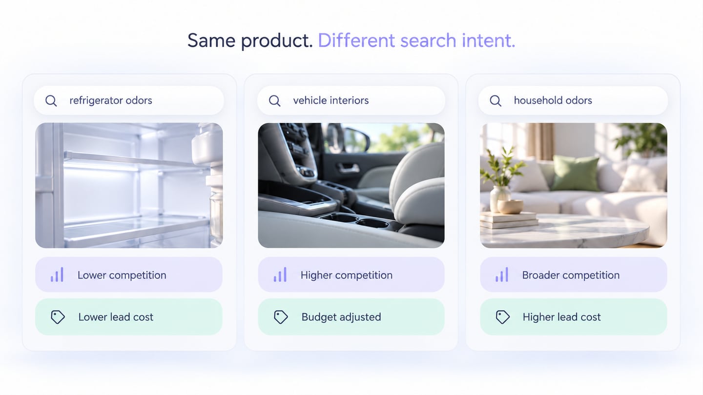 Qualitative comparison of competition and lead costs across refrigerator, vehicle, and household search topics.