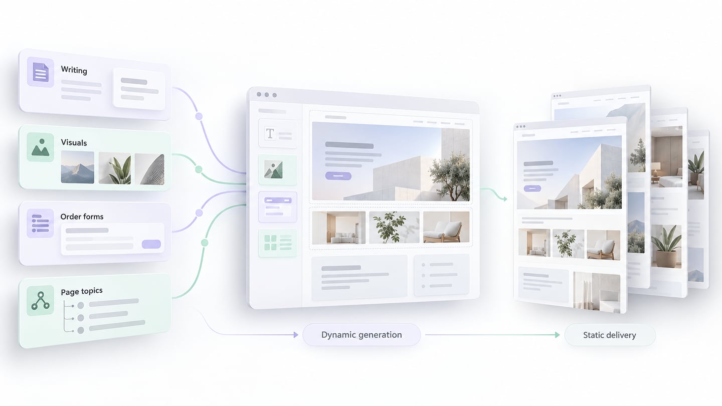 Human writing, visuals, ordering components, and page topics assembled into pre-generated pages.