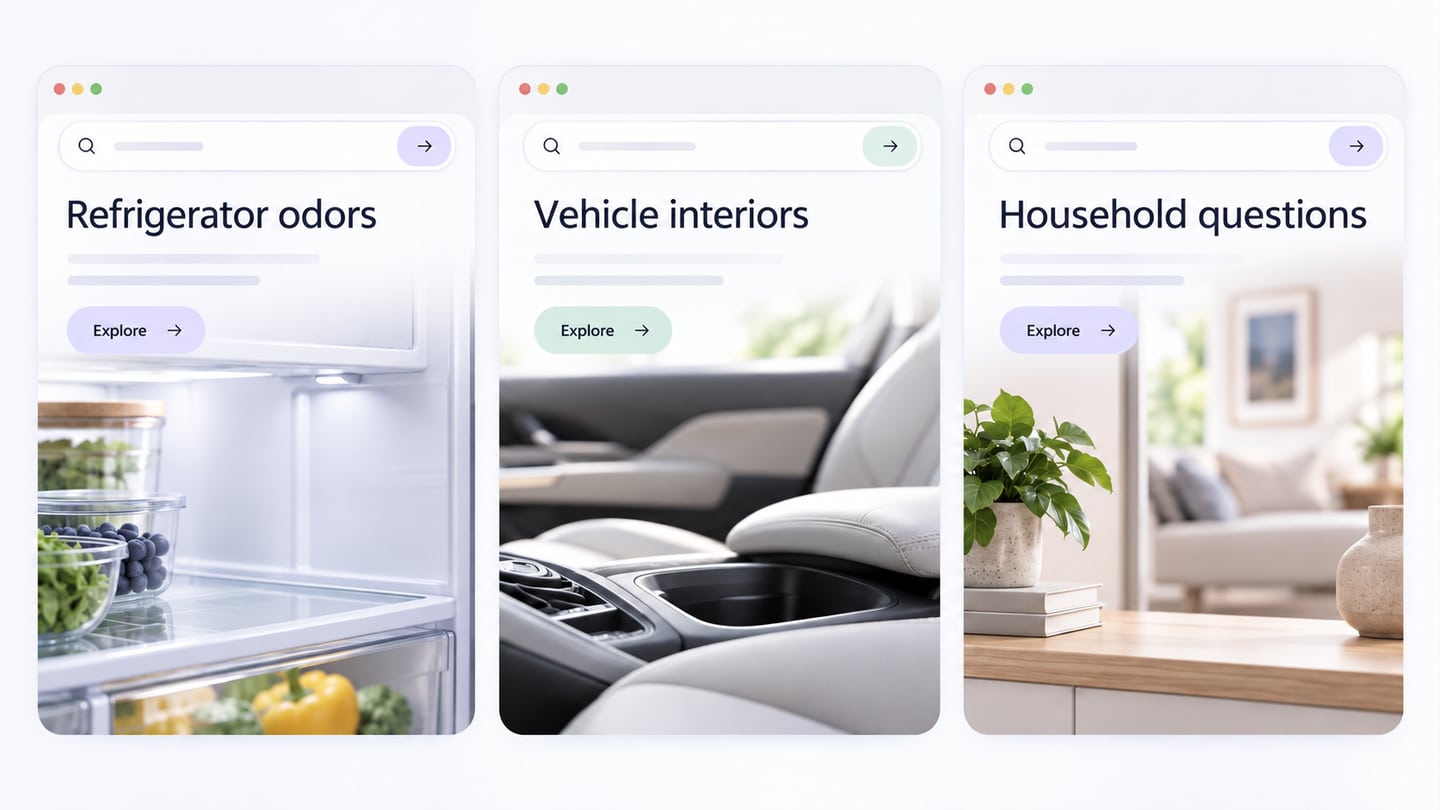 Conceptual search landing pages for refrigerator, vehicle, and household questions.
