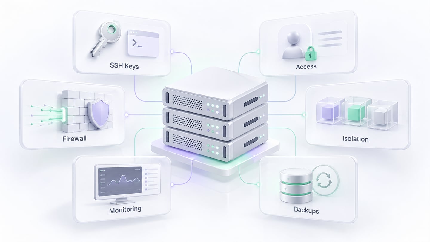 SSH keys, restricted access, firewall, isolation, monitoring, and backups around a server.